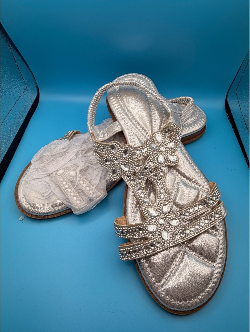 Women’s Silver Rhinestone Slingback Sandals Size 40 US 9-9.5 Comfort Flat Slides
